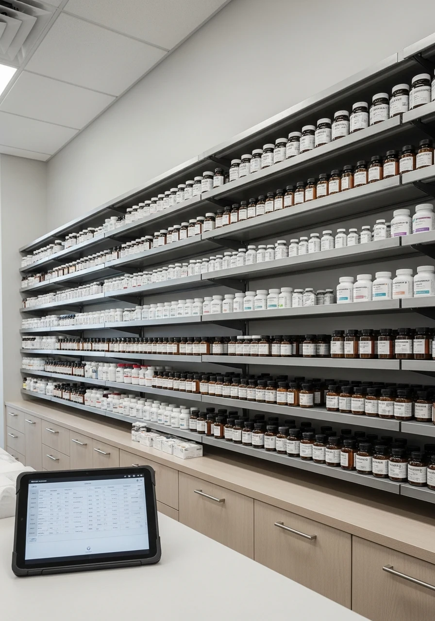 Closed-door pharmacy dispensing operation — quiet morning light