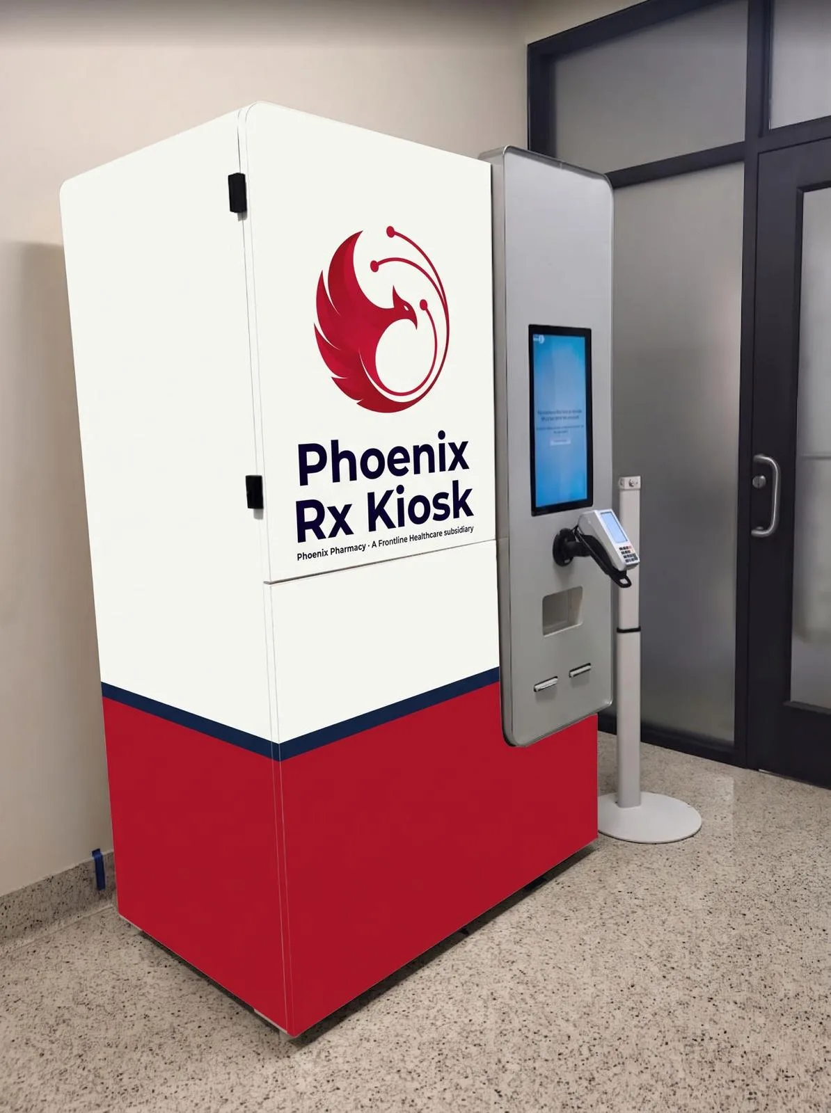 The Phoenix Rx Kiosk: a red and white self-service prescription kiosk with a touch screen, card terminal and video handset